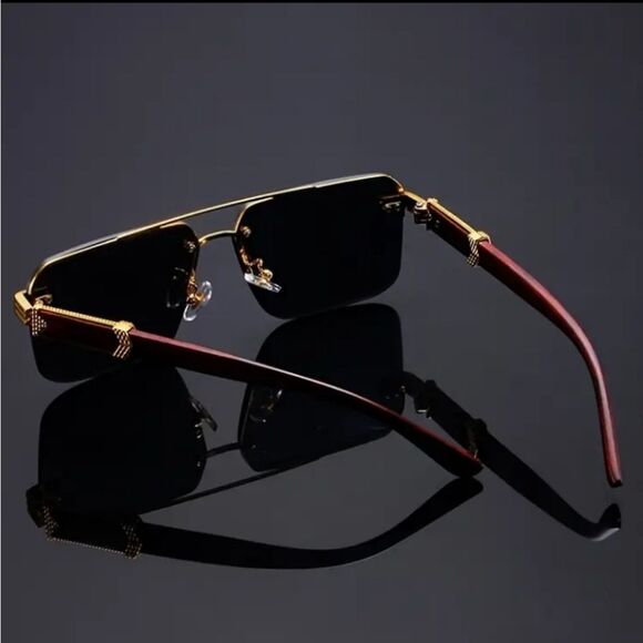Black and Gold Rimless Sunglasses with Metal Accents - Picture 3 of 6